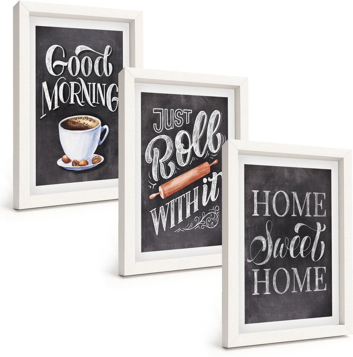Wallfluent 3-Delige Schilderij Set - Home Keuken Motieven Schoolbord Lettering - 20 x 30 - Wanddecoratie - Schilderijen Set - Kantoor