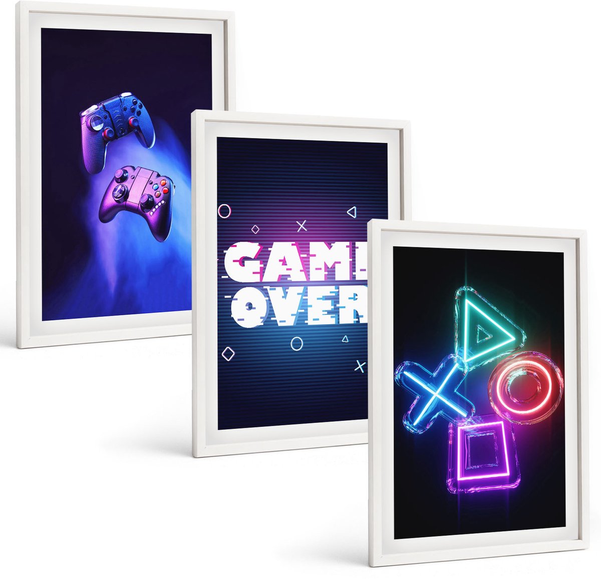 Wallfluent 3-Delige Schilderij Set - Gamepads Game Over-Inscriptiepictogrammen - 40 x 60 - Stijlvolle Muurdecoratie - Slaapkamer - Wanddecoratie