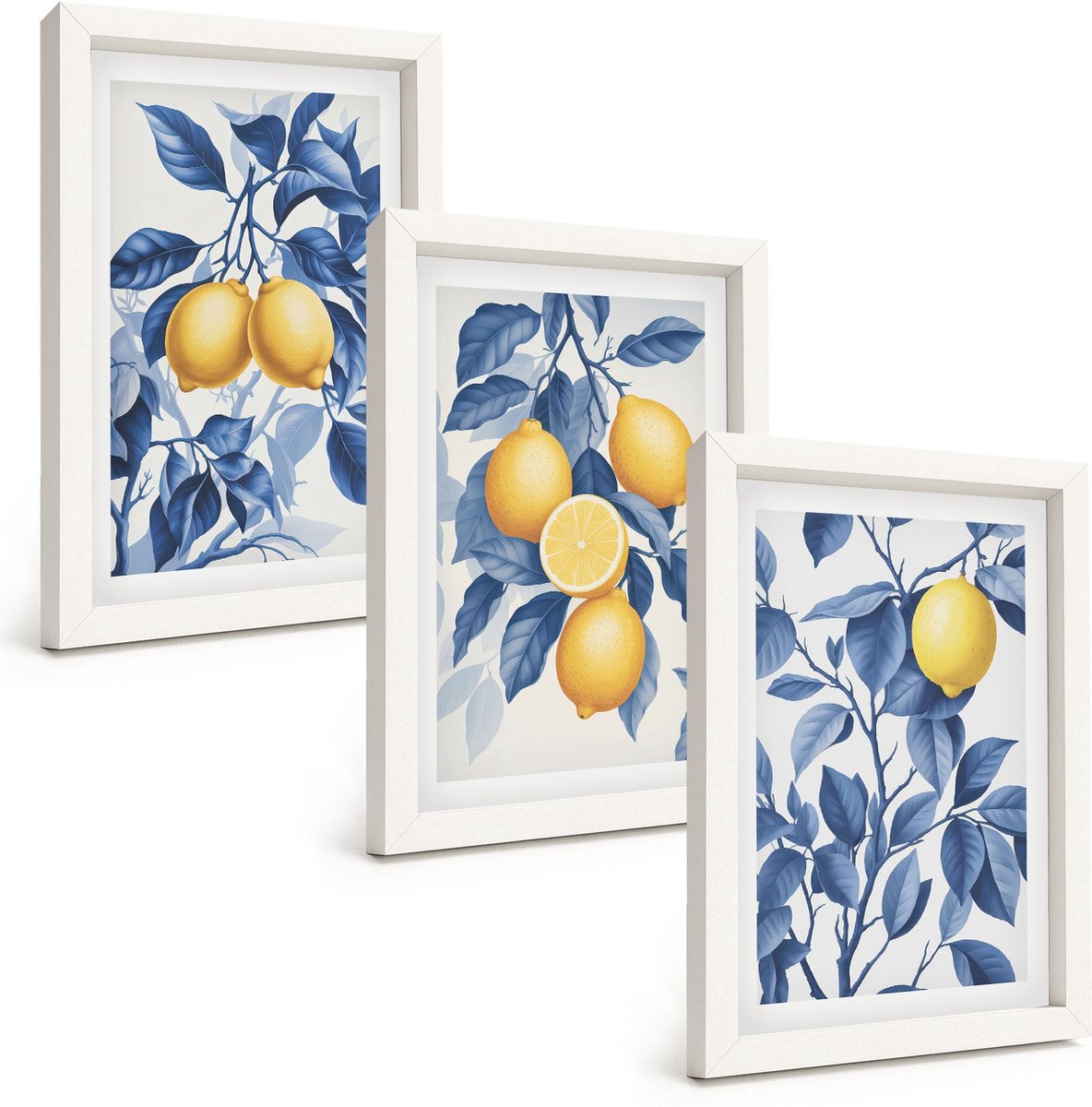 Wallfluent 3-Delige Schilderij Set - Citroenen Aan Takken Met Blauwe Bladeren - 20 x 30 - Wanddecoratie - Moderne Interieurdecoratie - Decoratieve Schilderijen