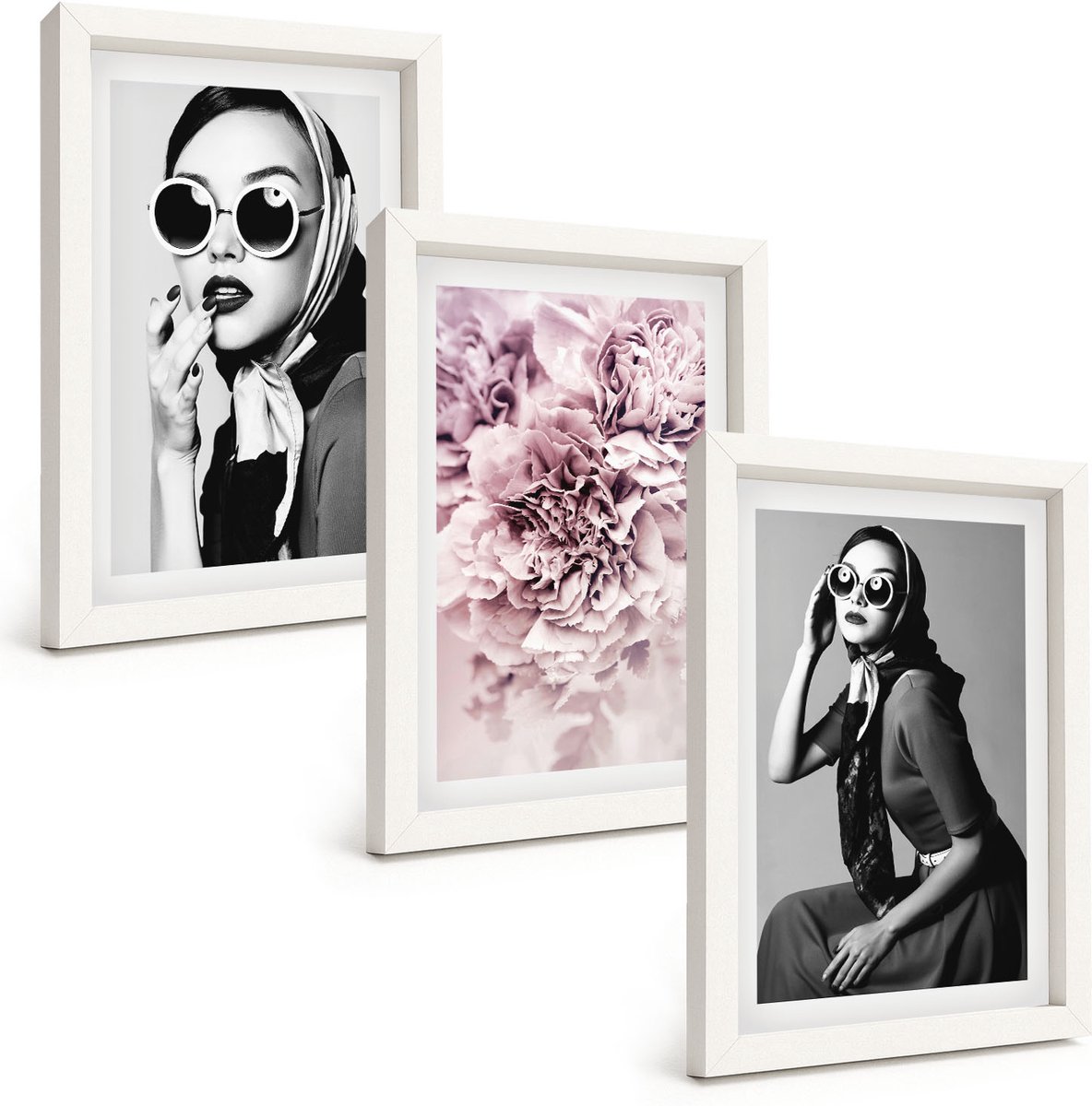 Wallfluent 3-Delige Schilderij Set - Stijlvolle Portretten Van Vrouwen Met Roze Bloemen - 20 x 30 - Wanddecoratie - Muurdecoratie - Woonkamer - Interieur Decoratie