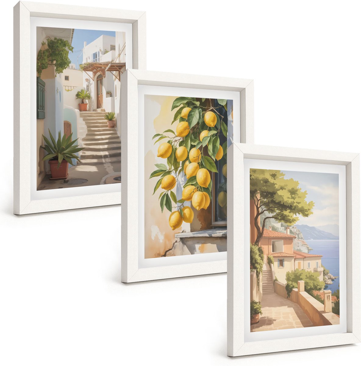 Wallfluent 3-Delige Schilderij Set - Sfeervolle Straatjes Met Citroenbomen En Uitzicht Op Zee. - 20 x 30 - Muurdecoratie - Wanddecoratie - Hal