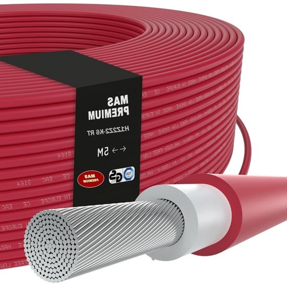 Zonnekabel H1Z2Z2-K - Zonne-energie kabel - Fotovoltaïsche installaties - Halogeenvrij dubbel geïsoleerd - 6 mm² 5 meter - Rood