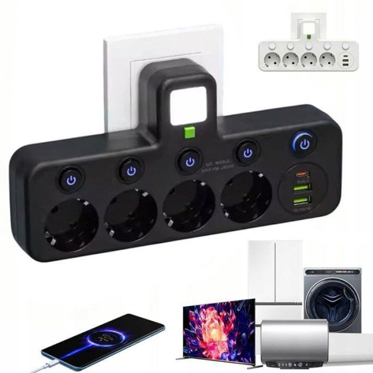 5-in-1 stekkerdoos, 2500W/10A, met 4 Franse stopcontacten, 2 USB-A-poorten en 1 Type-C-poort, zwart.