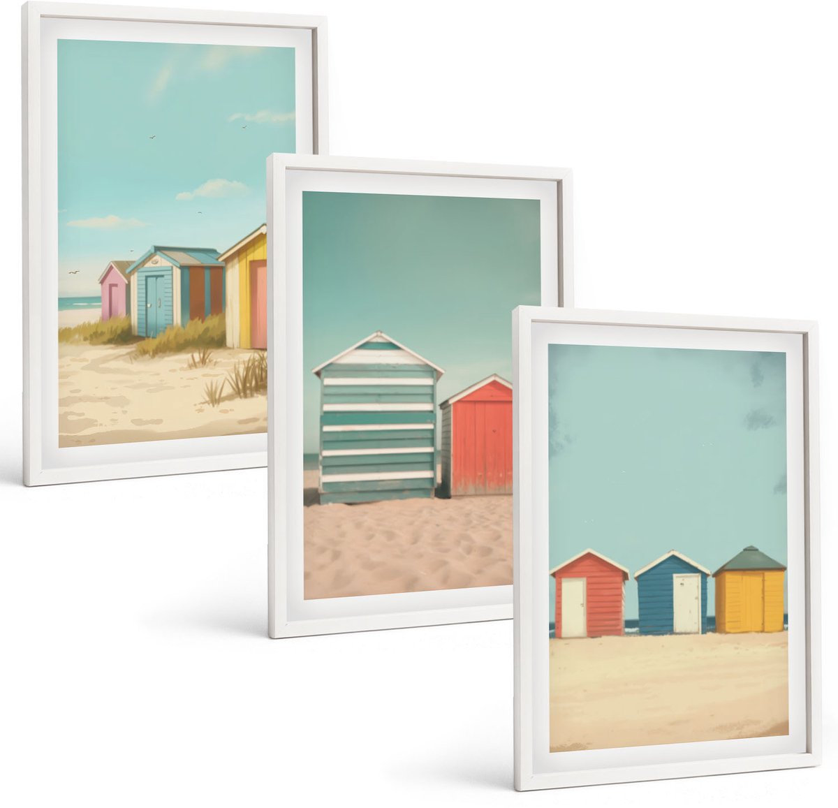 Wallfluent 3-Delige Schilderij Set - Kleurrijke Strandhuisjes In De Zomerzon - 40 x 60 - Decoratieve Schilderijen - Wanddecoratie - Hal - Interieur Decoratie