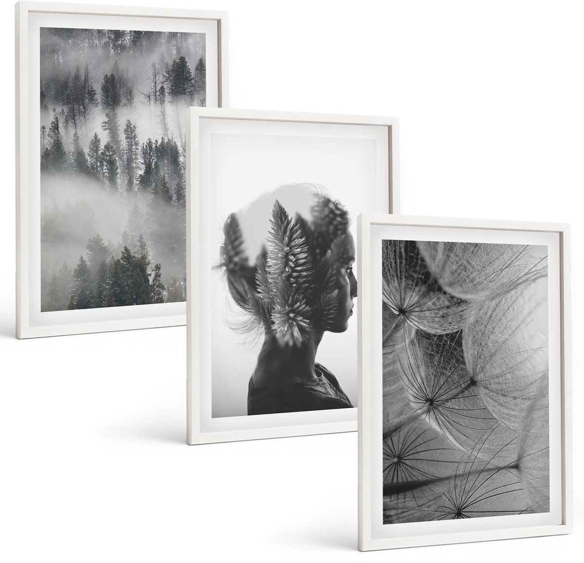 Wallfluent 3-Delige Schilderij Set - Bos In De Mist: Portret Met Bomen En Een Tere Paardenbloem. - 40 x 60 - Decoratieve Schilderijen - Wanddecoratie - Hal - Moderne Wanddecoratie
