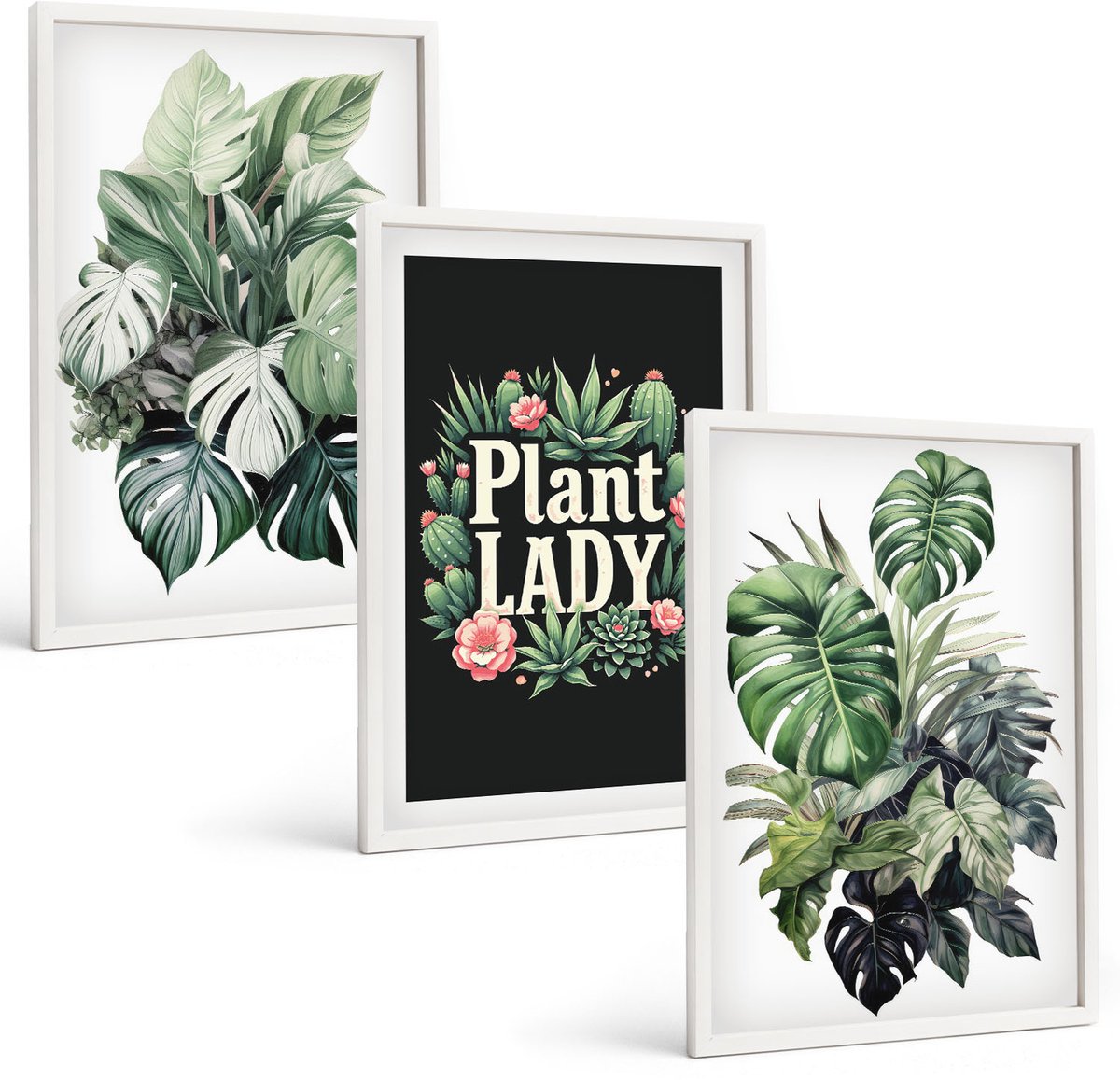 Wallfluent 3-Delige Schilderij Set - Tropische Planten Met Het Opschrift 'Plant Lady' In Het Groen. - 40 x 60 - Decoratieve Muurdecoratie - Slaapkamer - Woonkamer Decoratie