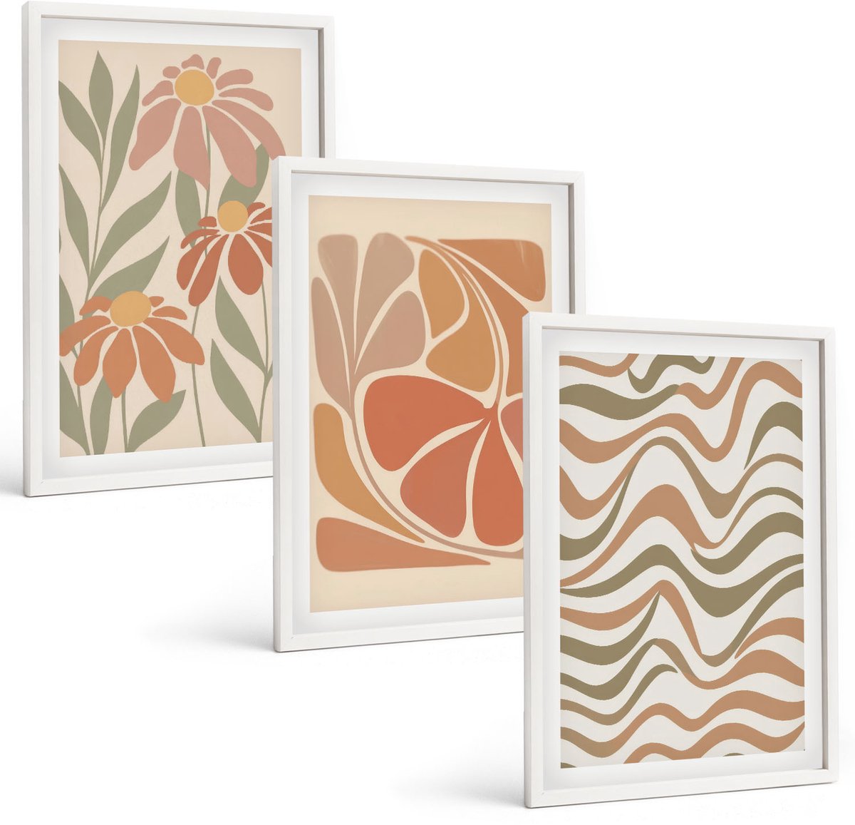 Wallfluent 3-Delige Schilderij Set - Pastelkleurige Bloemen En Abstracte Patronen - 40 x 60 - Wanddecoratie - Schilderijen Set - Interieur - Stijlvolle Muurdecoratie