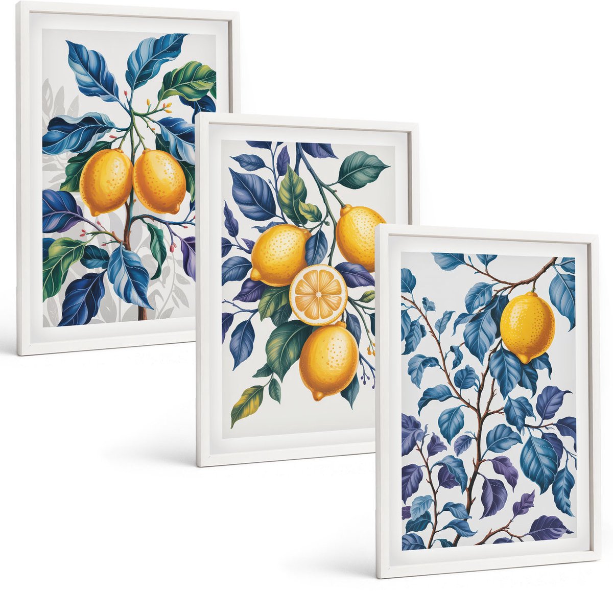 Wallfluent 3-Delige Schilderij Set - Citroenen Aan Takken Met Blauwe Bladeren - 40 x 60 - Wanddecoratie - Woonkamer Decoratie - Stijlvolle Muurdecoratie