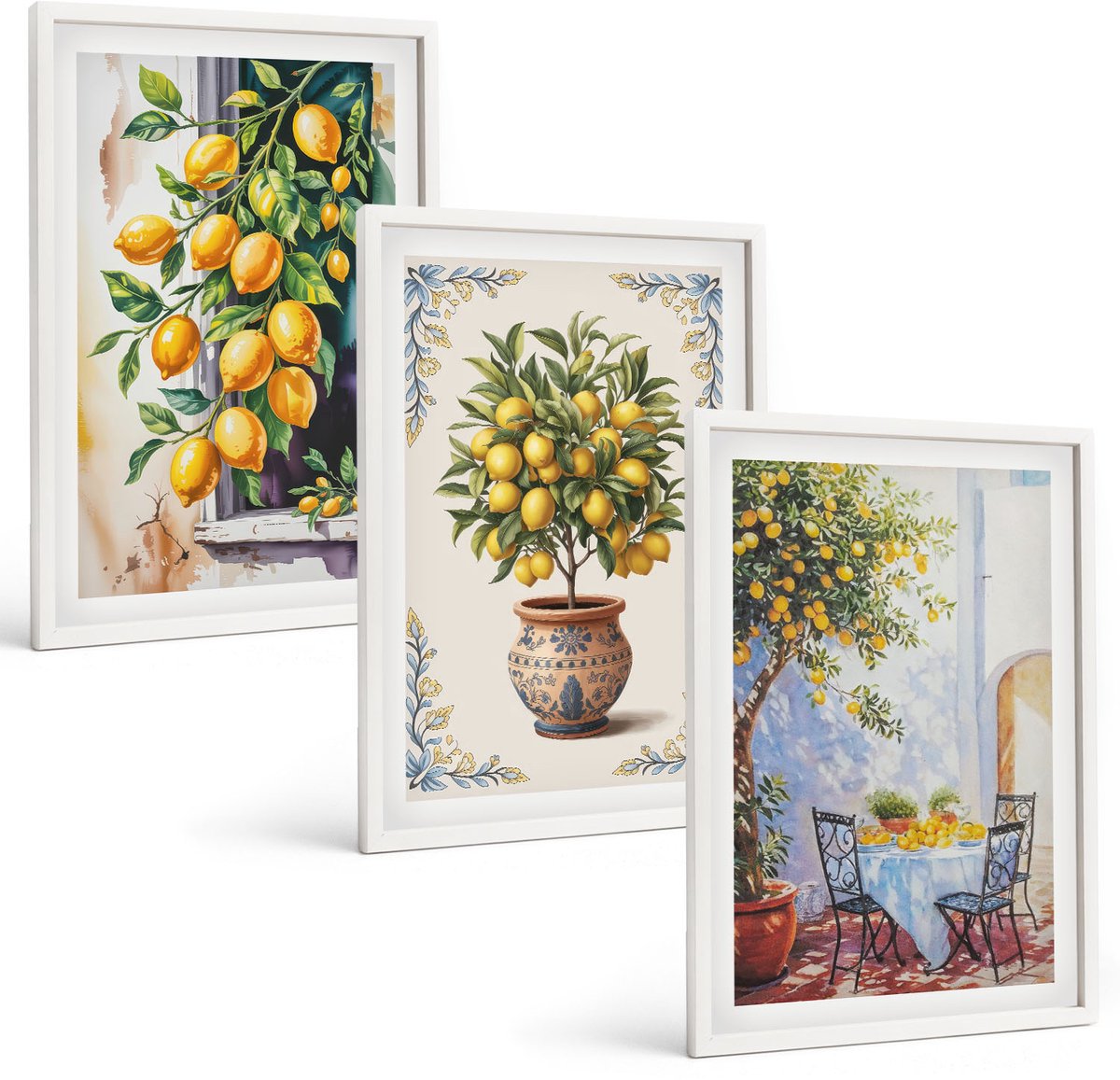 Wallfluent 3-Delige Schilderij Set - Citroenbomen En -Fruit In Een Zonnig Landschap - 40 x 60 - Wanddecoratie - Muurdecoratie - Woonkamer - Decoratieve Schilderijen