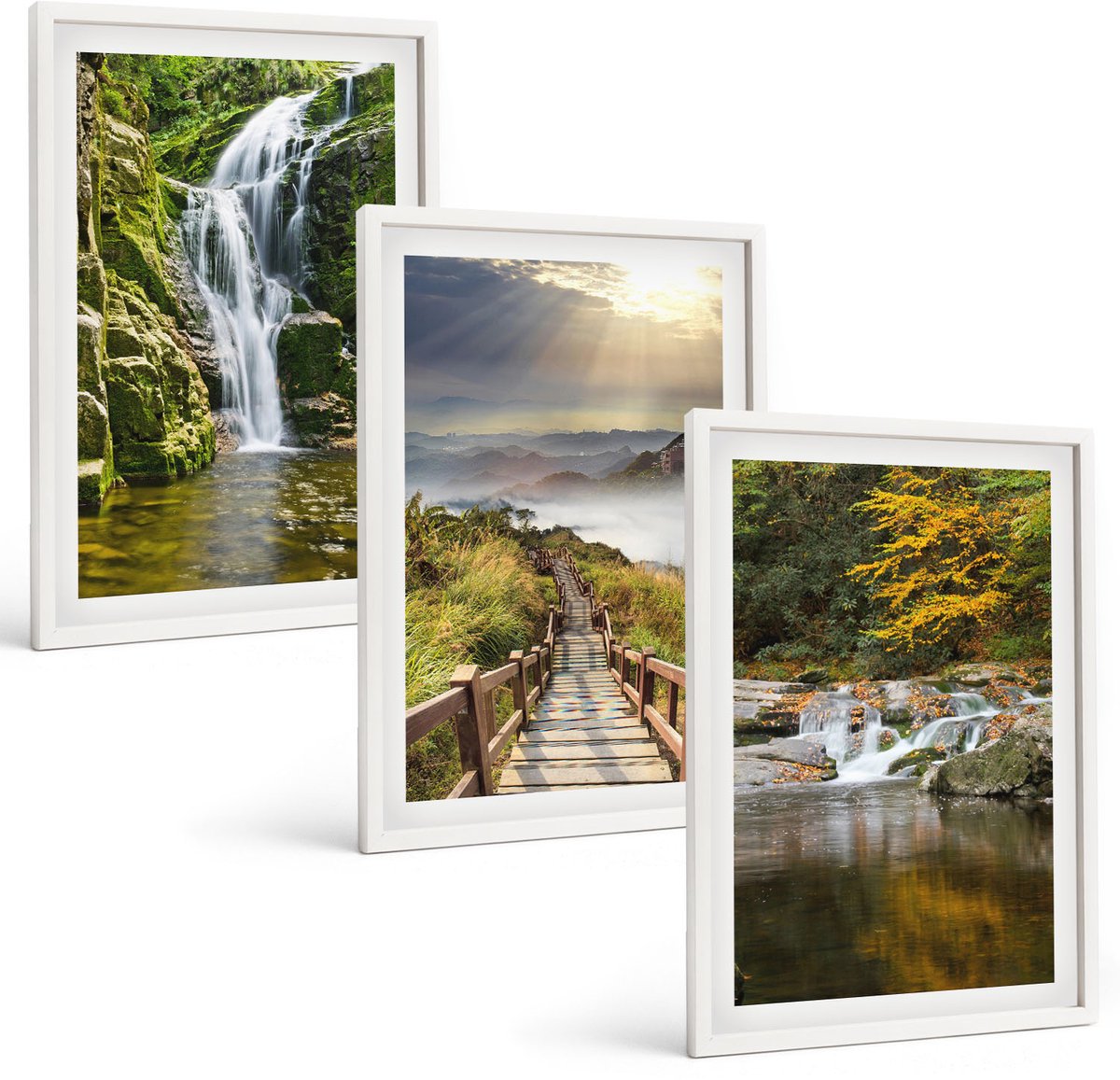 Wallfluent 3-Delige Schilderij Set - Watervallen, Bergen, Wolkenpaden En Herfstgezichten - 40 x 60 - Muurdecoratie - Interieur Decoratie - Decoratieve Schilderijen