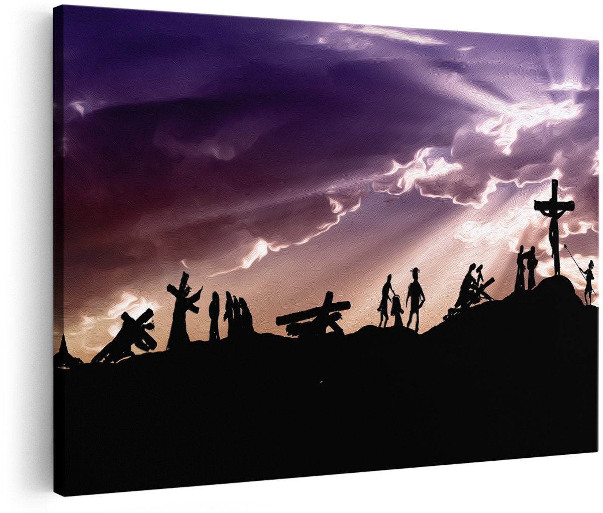 Artaza Canvas Schilderij Kruistocht naar het Kruis van Jezus Christus - 180x120 cm - Groot - Wanddecoratie Woonkamer - Schilderijen - Muurdecoratie