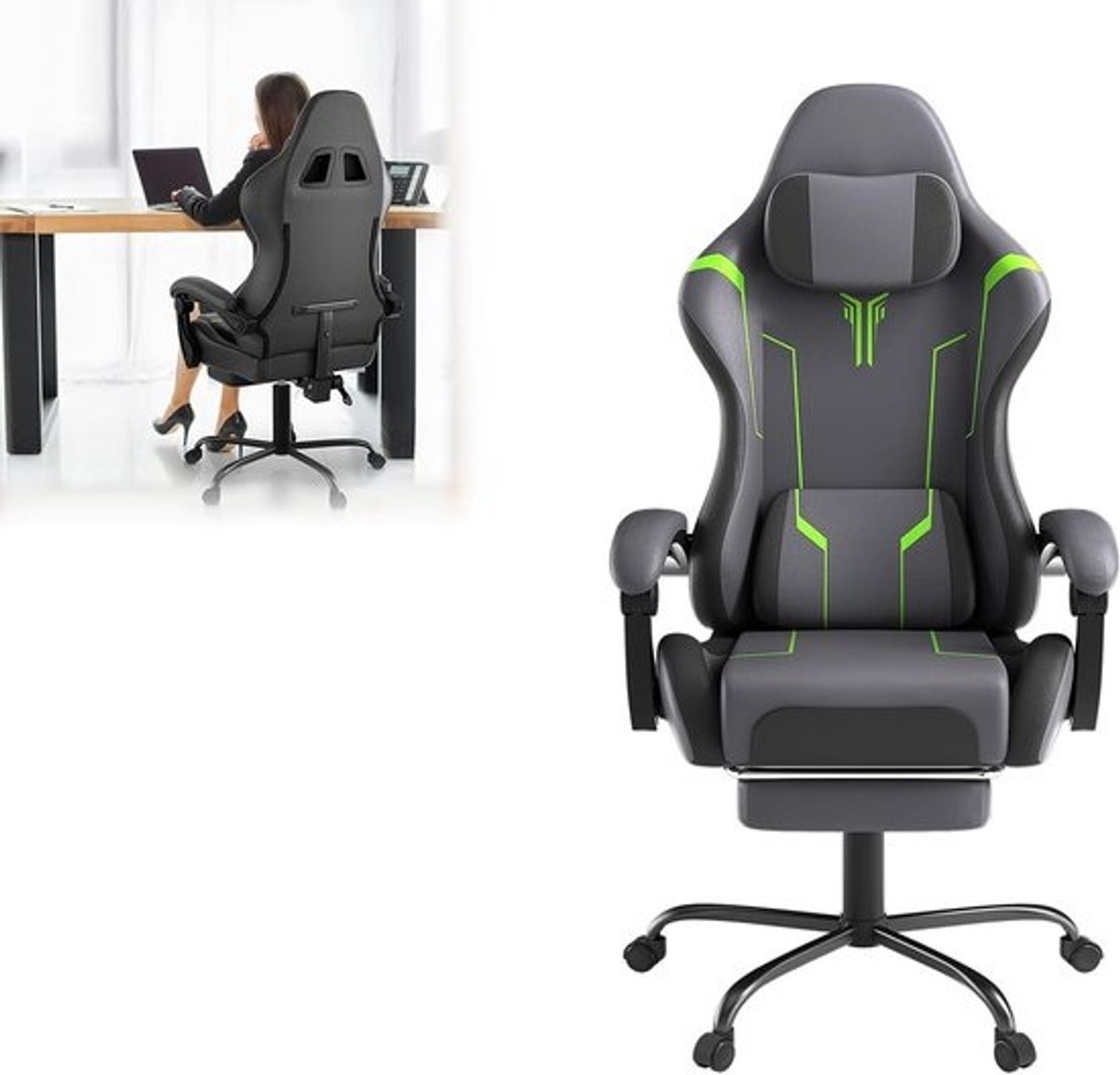 Gamingstoel - Ergonomische stoel - Lange sessies - Geïntegreerde voetensteun - 52 x 37 x 150 cm - Grijs groen