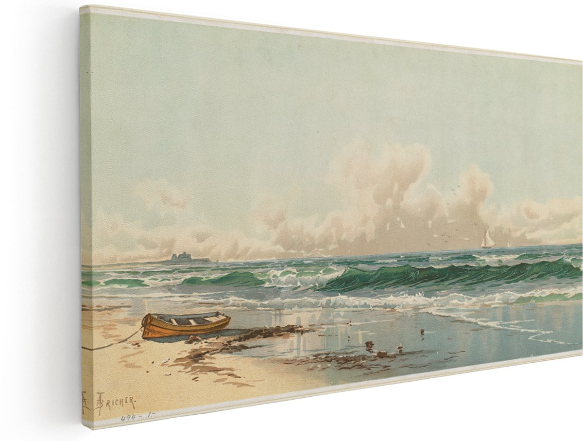Artaza Canvas Schilderij Strand - 180x90 cm - Groot - Wanddecoratie Kustlandschap - Muurdecoratie Zeilboot - Vintage Natuur Schilderijen Op Canvas