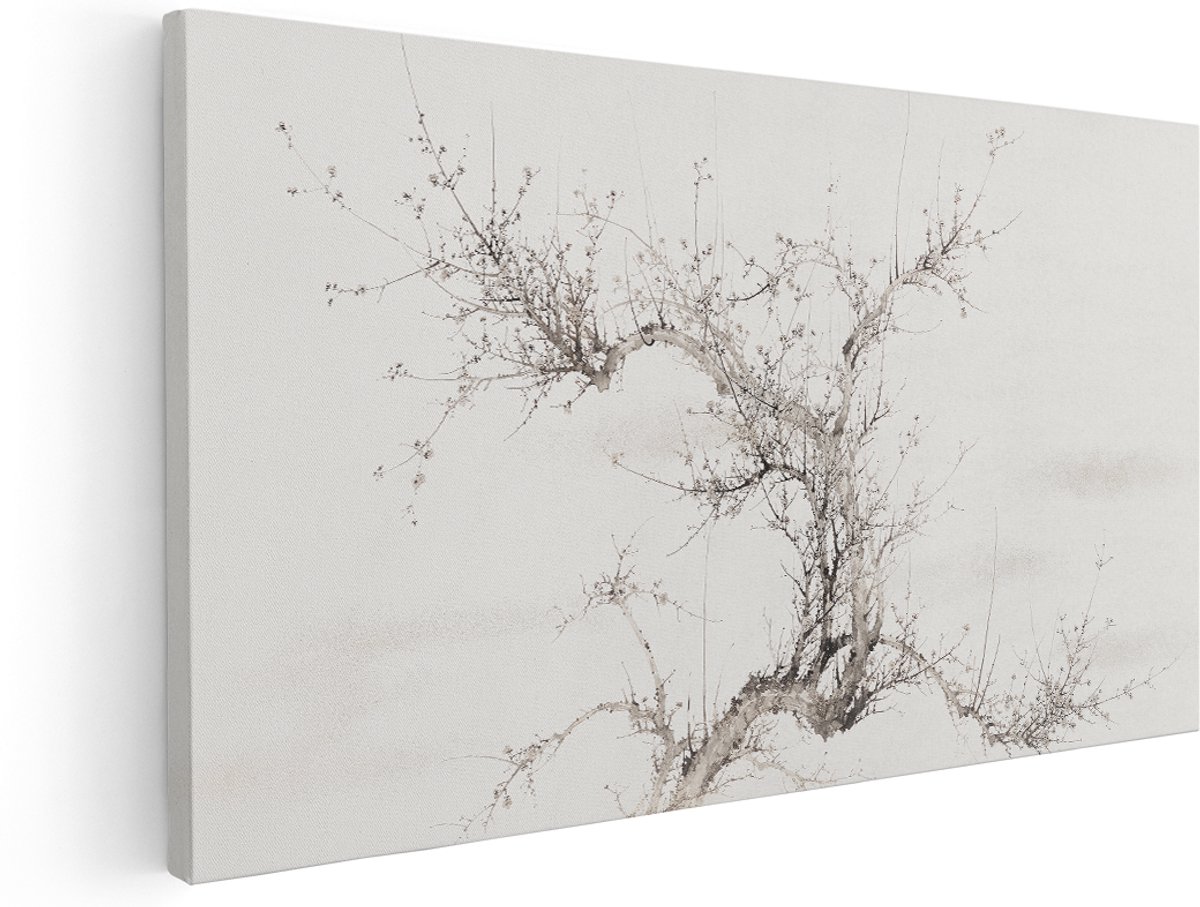 Artaza Canvas Schilderij Pruimenboom - 180x90 cm - Groot - Wanddecoratie Bloesem - Muurdecoratie Japandi - Decoratie Boom - Kamer Accessoires Natuur