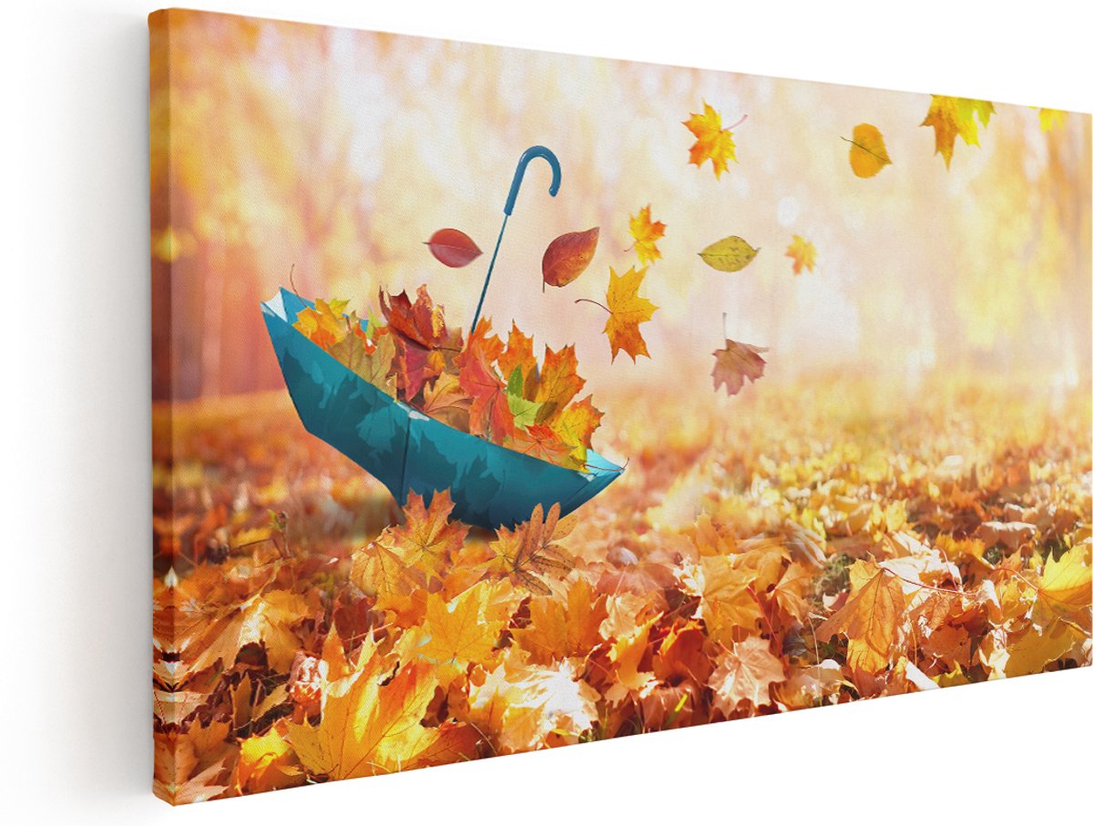 Artaza Canvas Schilderij Blauwe Paraplu in de Herfstbos met Bladeren - 180x90 cm - Groot - Wanddecoratie Woonkamer - Schilderijen - Muurdecoratie