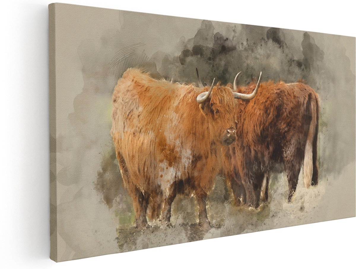 Artaza Canvas Schilderij Twee Schotse Hooglander Koeien - Abstract - 180x90 cm - Groot - Wanddecoratie Woonkamer - Schilderijen - Muurdecoratie