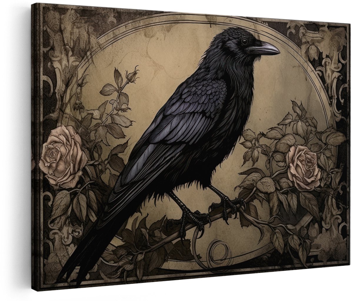 Artaza Canvas Schilderij Raaf - 180x120 cm - Groot - Wanddecoratie Vogel - Muurdecoratie Vintage - Decoratie Rozen Zwart