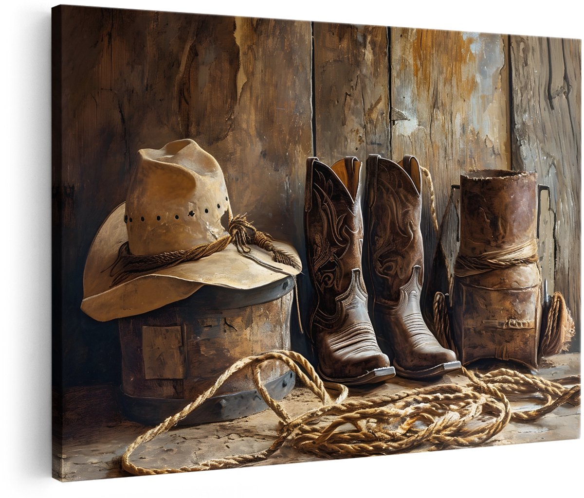 Artaza Canvas Schilderij Cowboy Stilleven - 180x120 cm - Groot - Wanddecoratie Western Laarzen - Muurdecoratie Landelijk - Decoratie Vintage Cowboyhoed