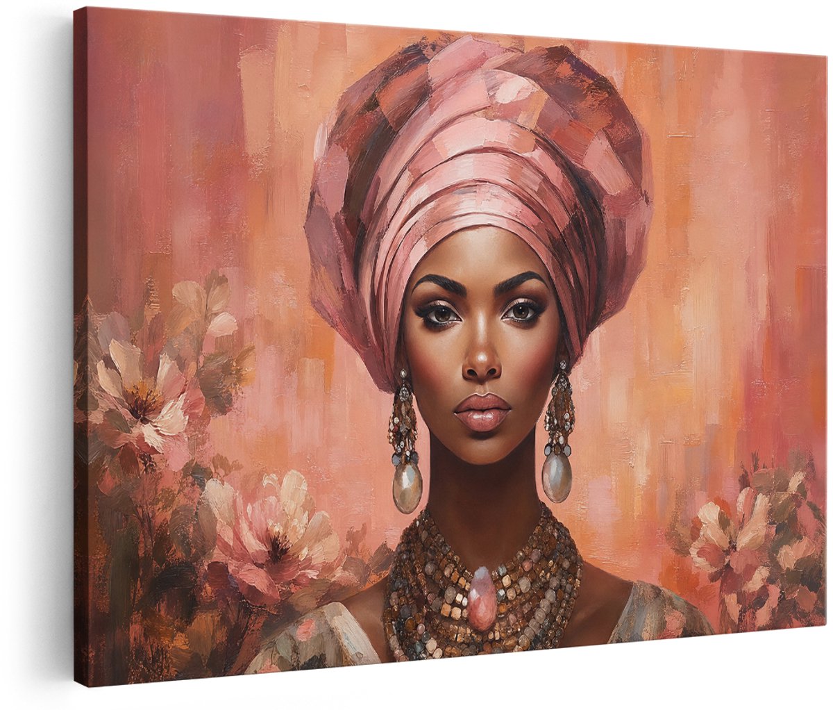 Artaza Canvas Schilderij Vrouw Met Roze Hoofddoek - Abstract Portret - 180x120 cm - Groot - Wanddecoratie Woonkamer - Schilderijen - Muurdecoratie