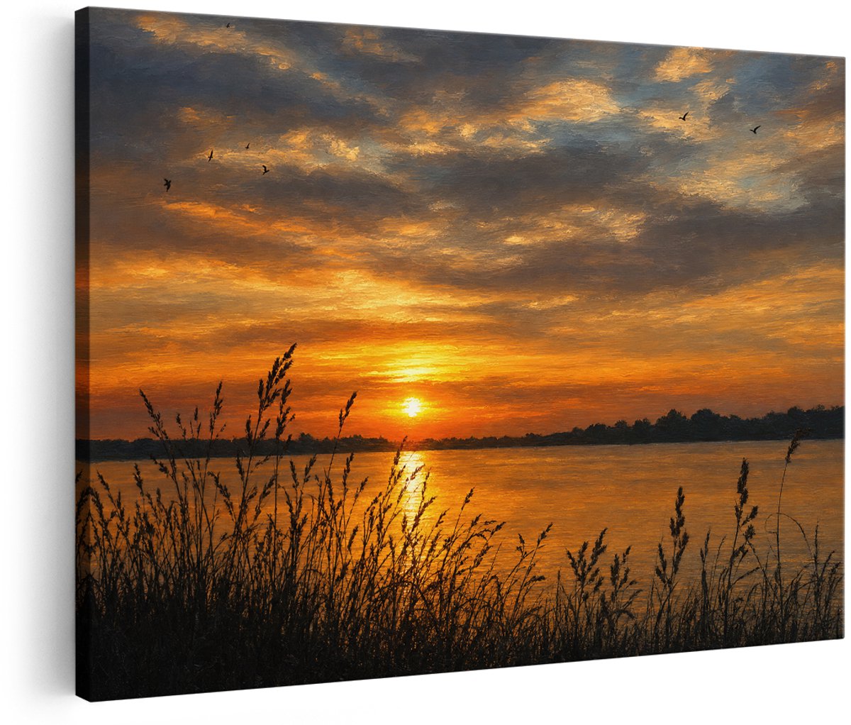 Artaza Canvas Schilderij Zonsondergang Boven Meer - Natuur Landschap - 180x120 cm - Groot - Wanddecoratie Woonkamer - Schilderijen - Muurdecoratie