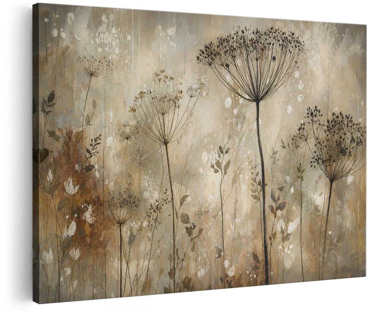 Artaza Canvas Schilderij Abstracte Bloemen - Natuurkunst in Grijs en Beige - 180x120 cm - Groot - Wanddecoratie Woonkamer - Schilderijen - Muurdecoratie
