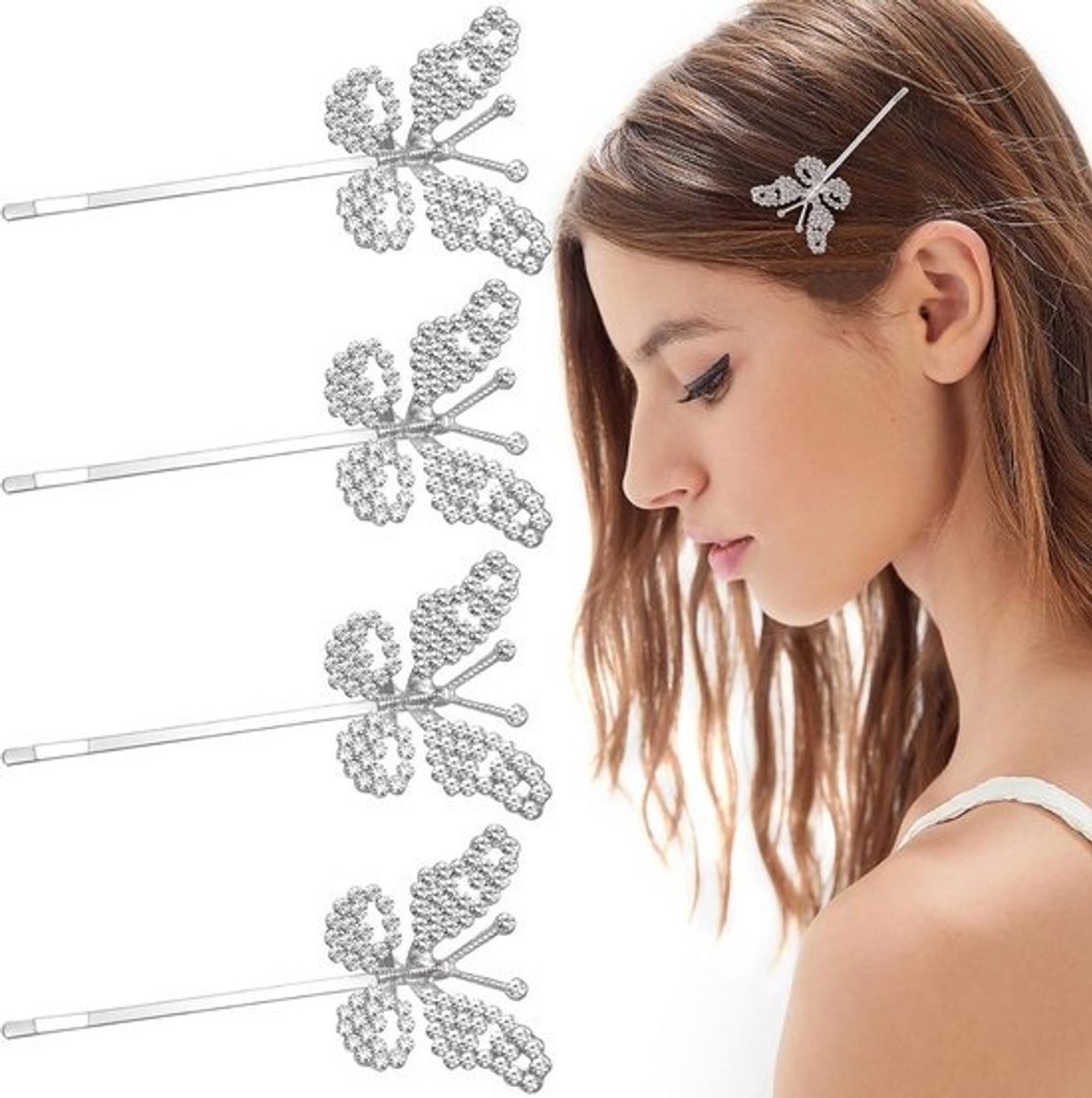 Set van 4 Zilveren Antislip Haarclips met Glinsterende Vlinders en Stass Steentjes