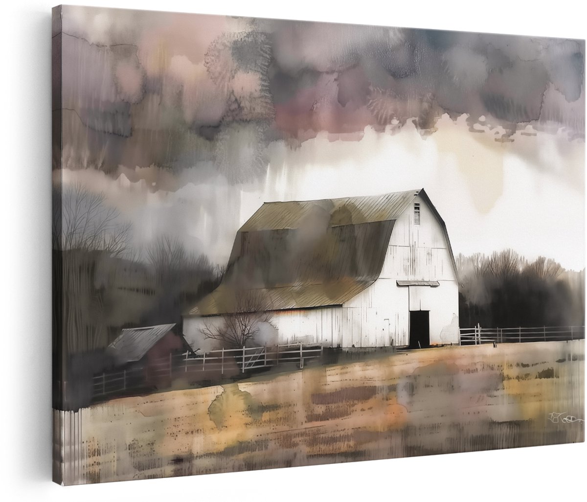Artaza Canvas Schilderij Schuur in een Veld met Stormachtige Lucht - 180x120 cm - Groot - Wanddecoratie Woonkamer - Schilderijen - Muurdecoratie