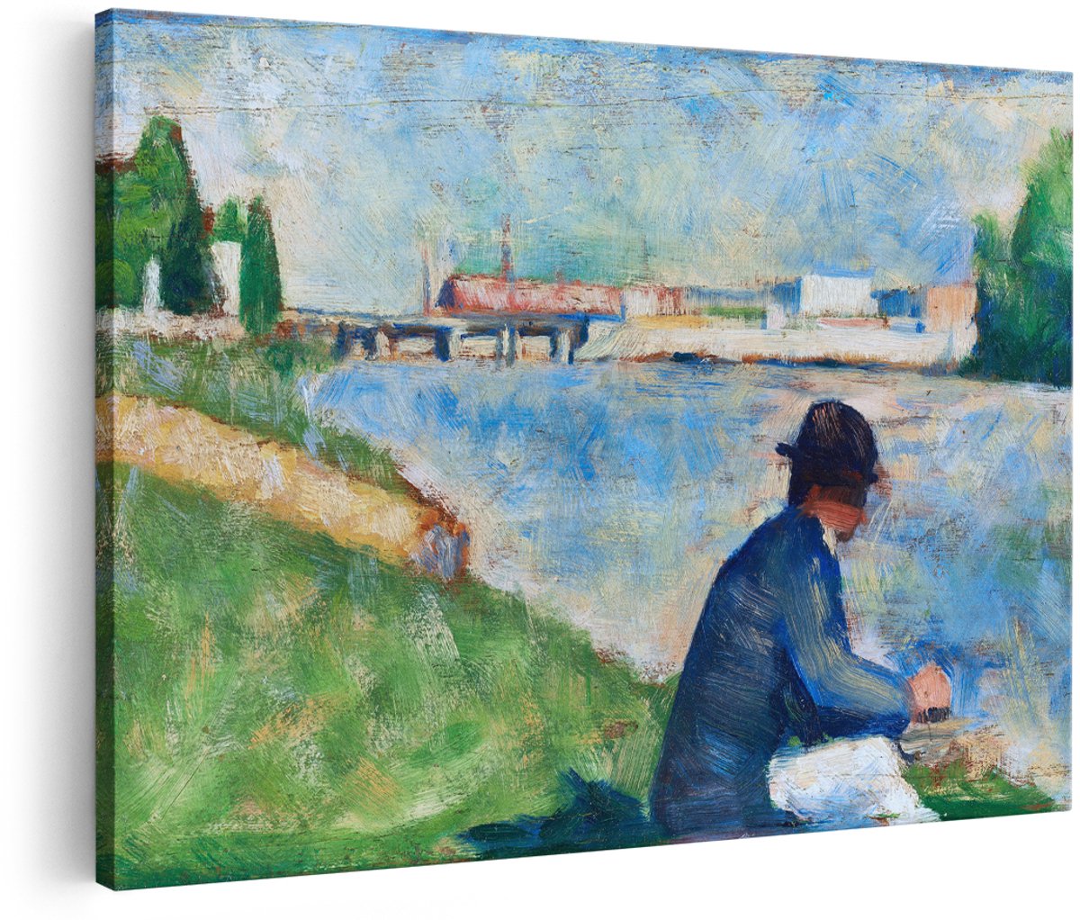 Artaza Canvas Schilderij Landschap Seurat - 180x120 cm - Groot - Wanddecoratie Impressionisme - Muurdecoratie Klassiek Schilderij - Decoratie Man Aan Het Water