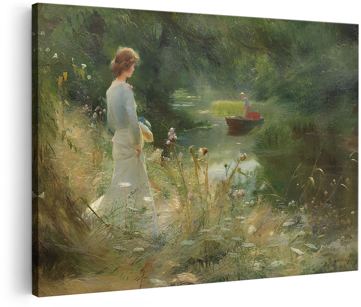 Artaza Canvas Schilderij Vrouw - 180x120 cm - Groot - Wanddecoratie Natuur Landschap - Muurdecoratie Romantisch - Schilderijen Op Canvas Wit