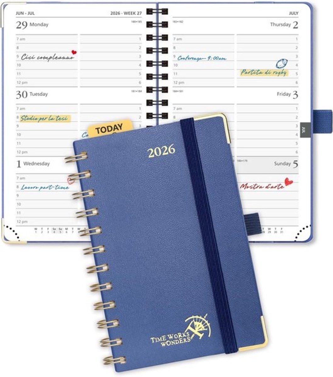 Weekplanner A6 2026 Pocket Agenda Spiraal Hard Kaft — Dagoverzicht met Tijd, Insteekhoes, 100GSM Papier