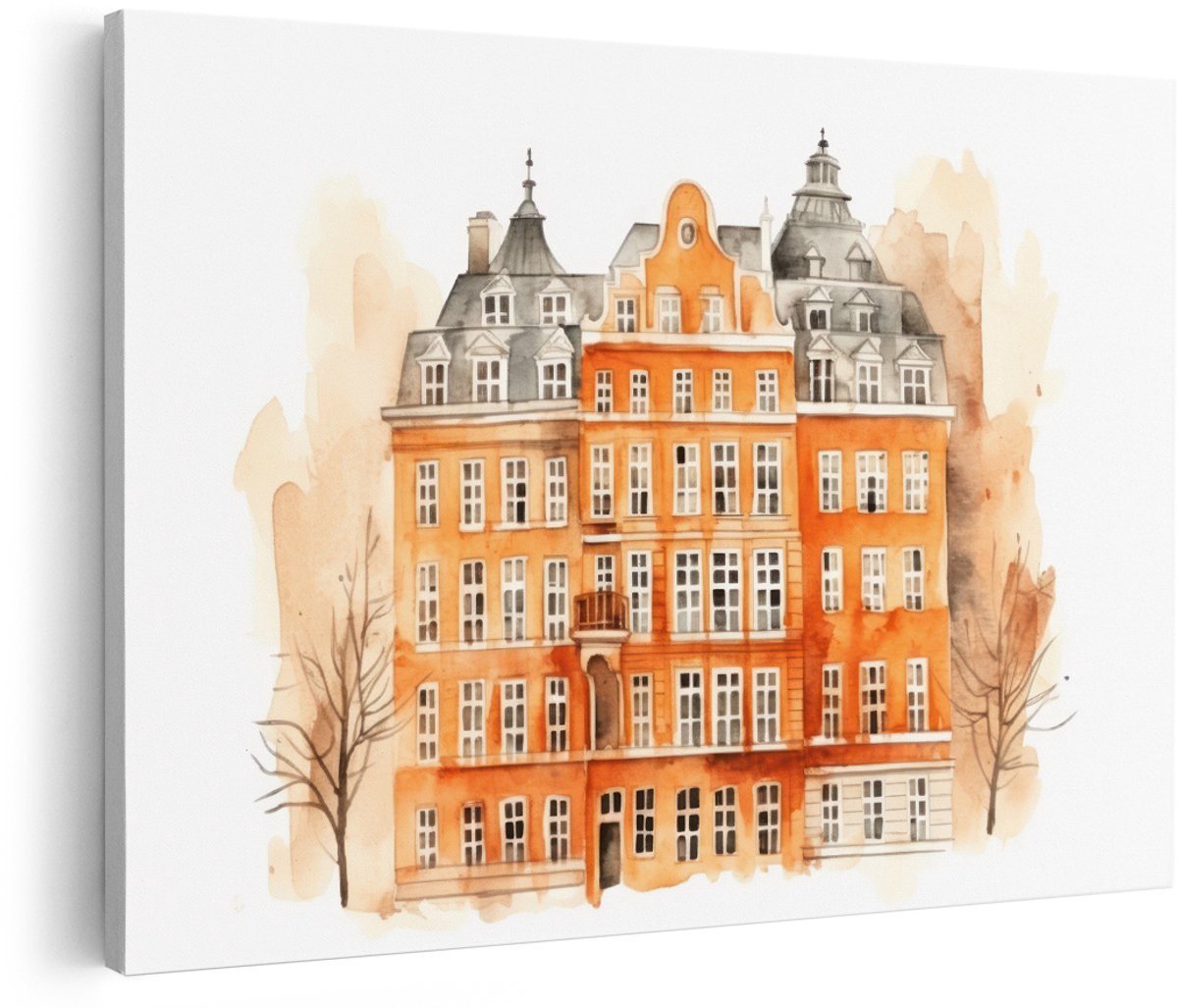 Artaza Canvas Schilderij Amsterdam - 180x120 cm - Groot - Wanddecoratie Grachtenpanden - Muurdecoratie Aquarel Stad - Decoratie Oranje
