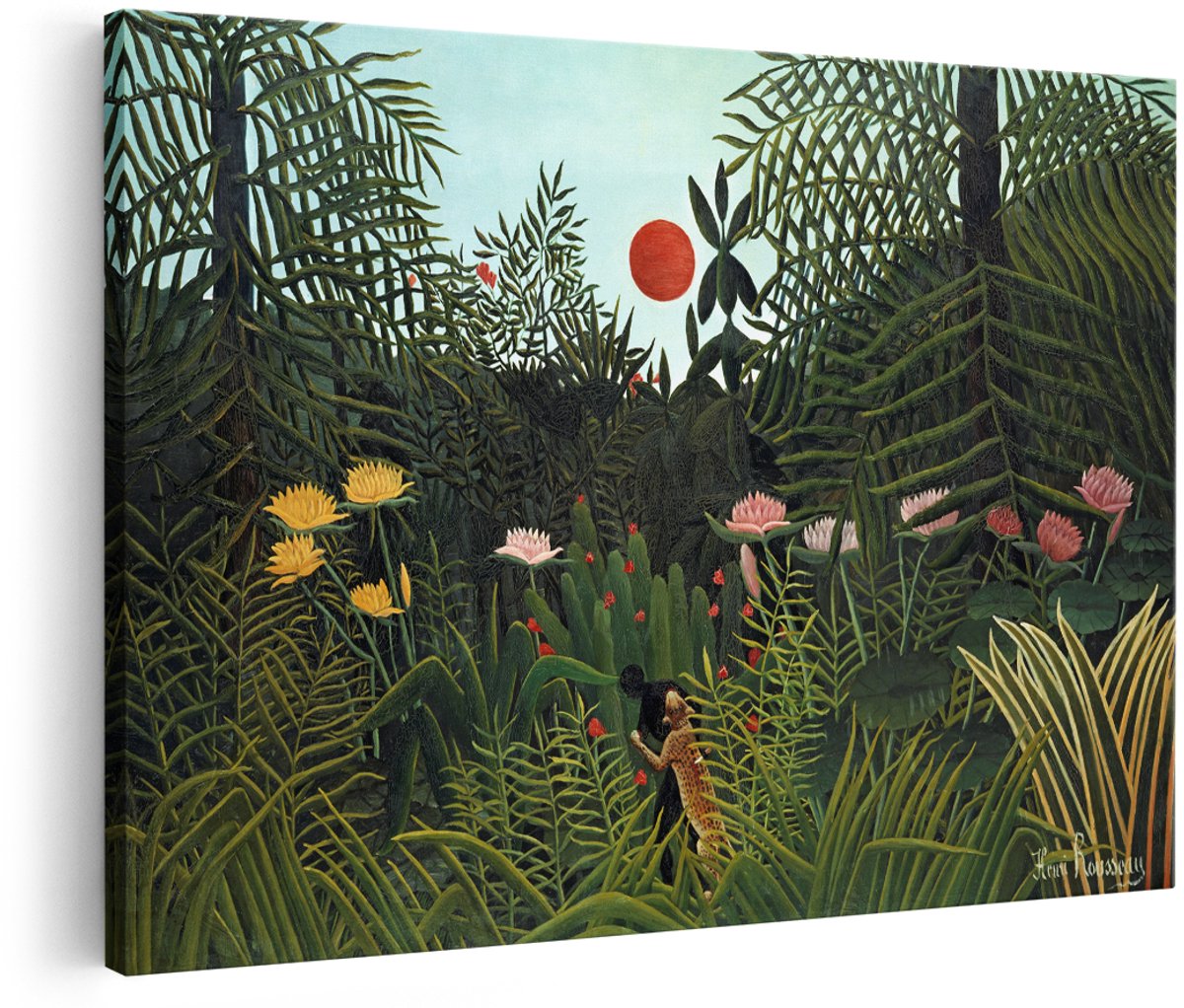 Artaza Canvas Schilderij Jungle Henri Rousseau - 180x120 cm - Groot - Wanddecoratie Tijger - Muurdecoratie Tropisch - Schilderijen Op Canvas Natuur