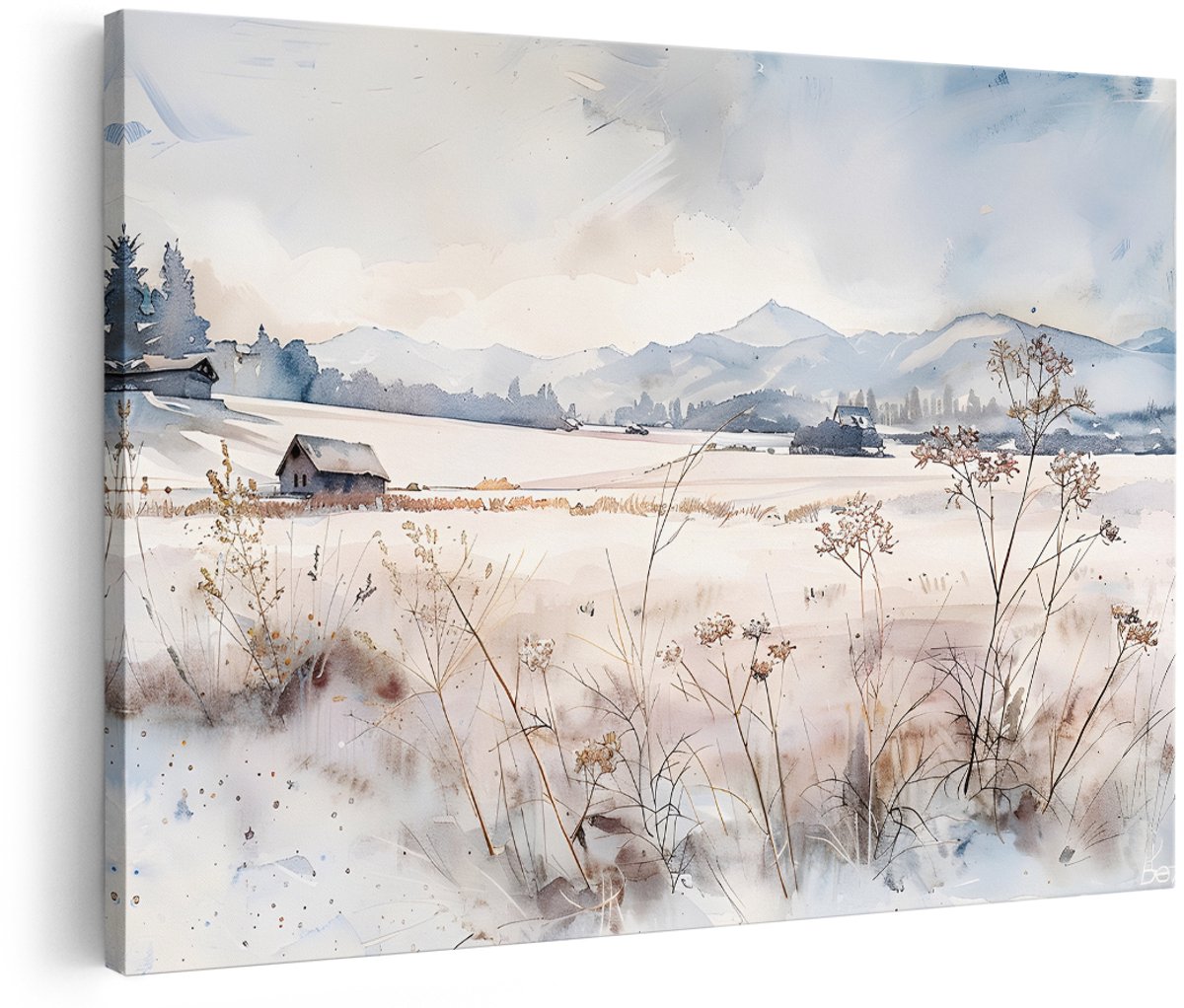 Artaza Canvas Schilderij Winterlandschap - 180x120 cm - Groot - Wanddecoratie Bergen - Muurdecoratie Boerderij - Schilderijen Op Canvas Natuur