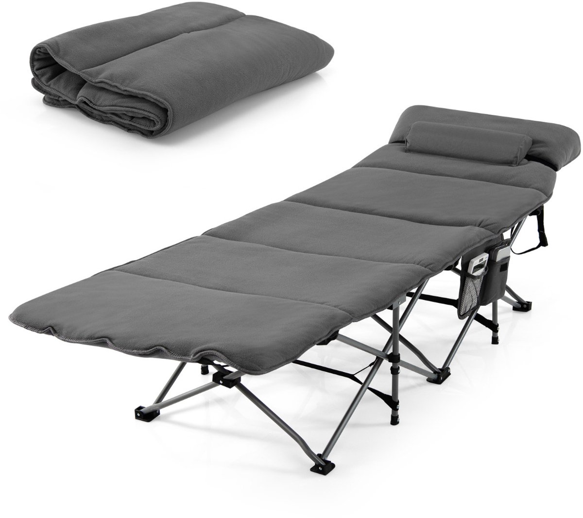 SureDeal® - Bedd - Opvouwbaar Veldbed Campingbed - Matras Kussen - Zijtas Belastbaar - Draagtas - Camping Strand Grijs - 190x67x41 cm - Grijs