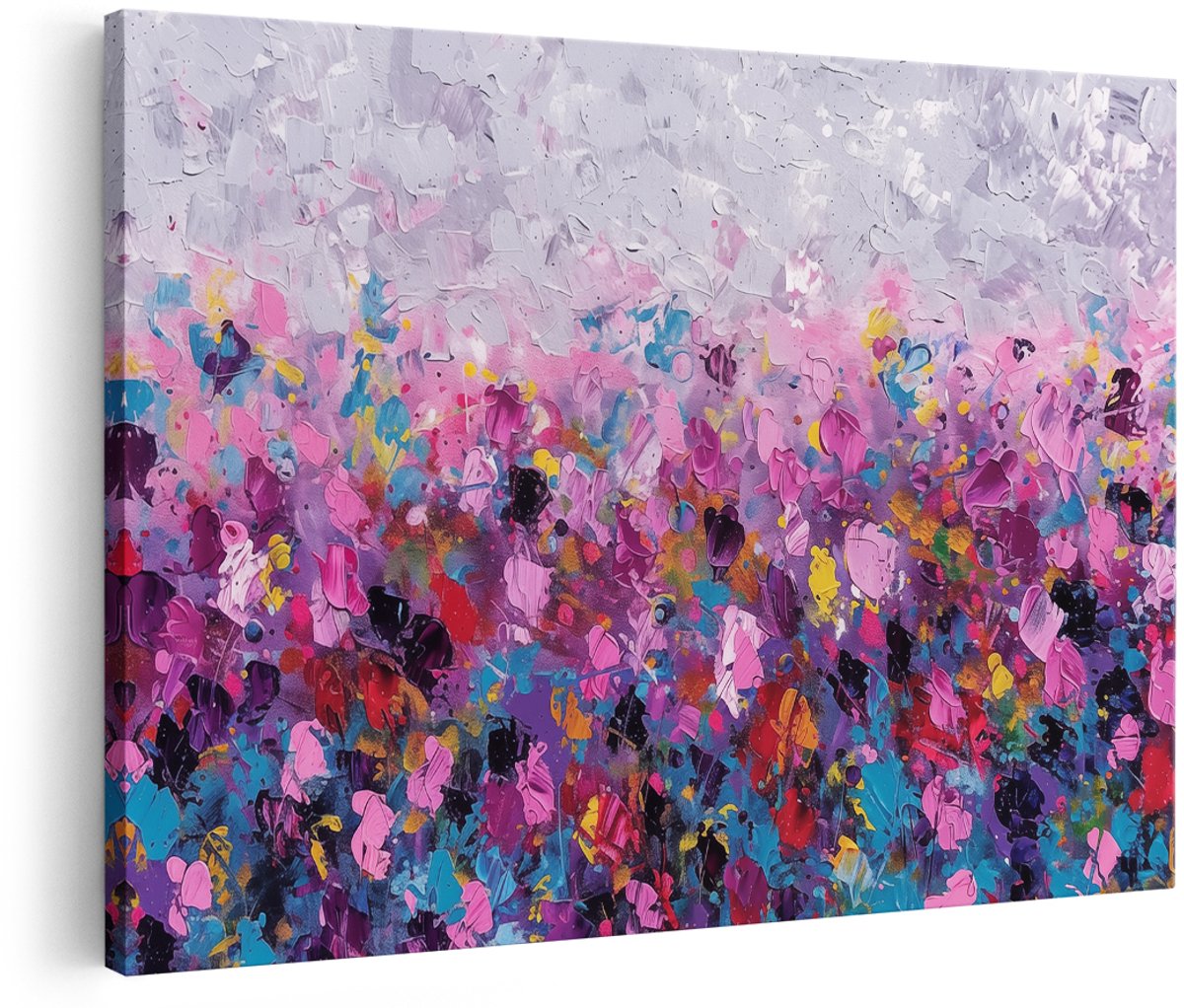 Artaza Canvas Schilderij Abstract Kunstwerk van Roze, Paarse en Blauwe Bloemen - 180x120 cm - Groot - Wanddecoratie Woonkamer - Schilderijen - Muurdecoratie