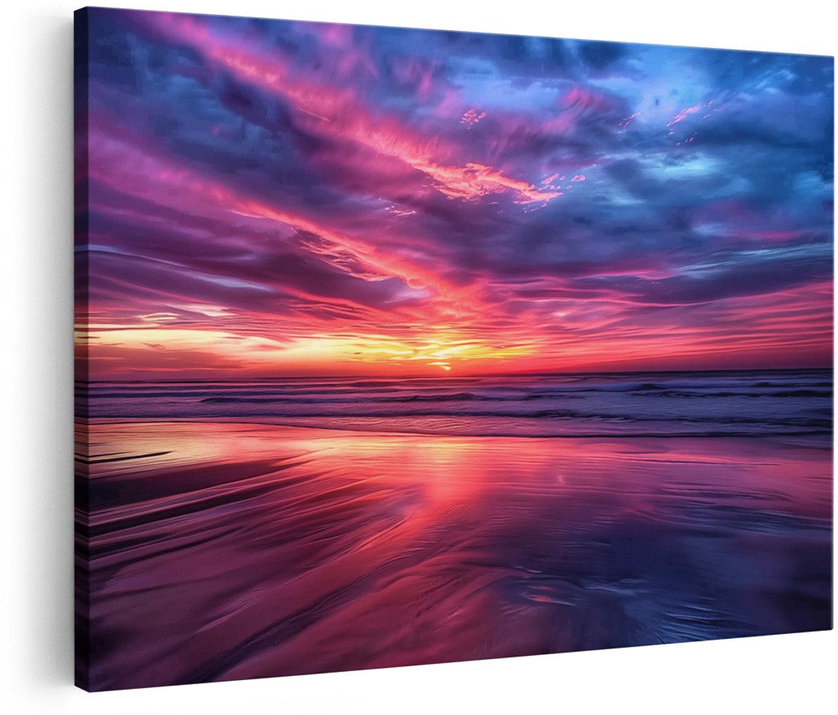 Artaza Canvas Schilderij Kleurrijke Zonsondergang op het Strand - Landschap - 180x120 cm - Groot - Wanddecoratie Woonkamer - Schilderijen - Muurdecoratie