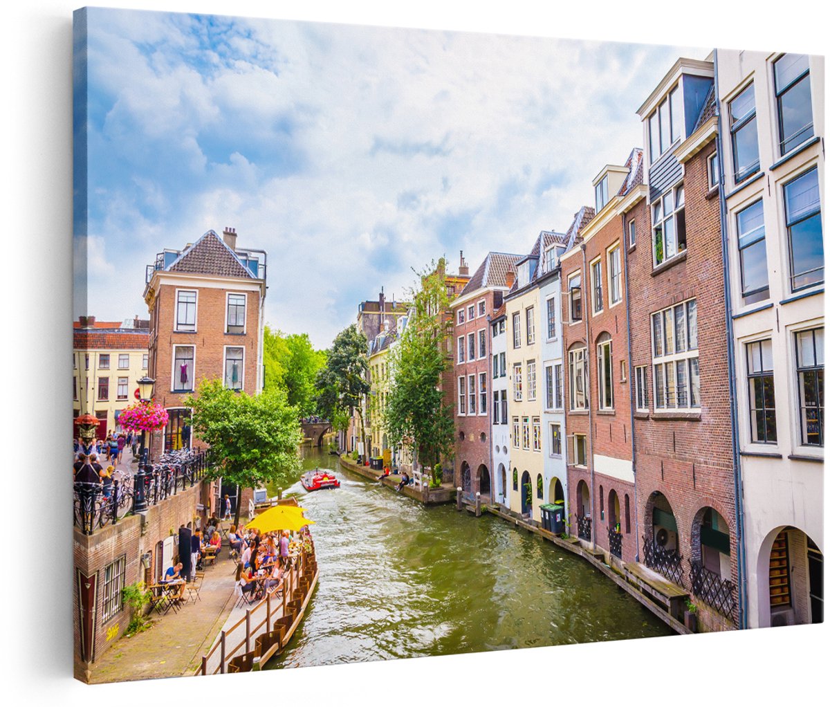 Artaza Canvas Schilderij Huizen Aan De Oudegracht In Utrecht - 180x120 cm - Groot - Wanddecoratie Woonkamer - Schilderijen - Muurdecoratie