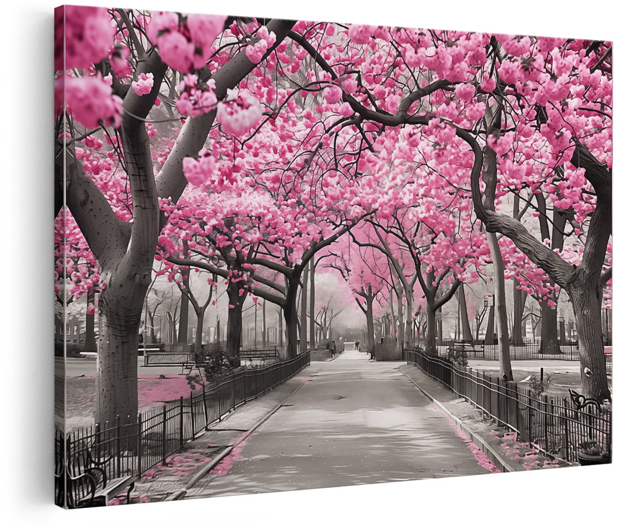 Artaza Canvas Schilderij Roze Bloesems Bloemen in Park - 180x120 cm - Groot - Wanddecoratie Woonkamer - Schilderijen - Muurdecoratie