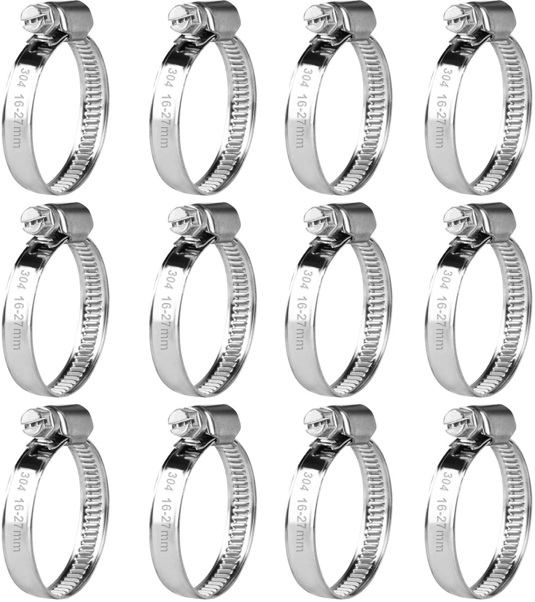 12 stuks slangklemmen, roestvrij staal,verstelbaar 16-27 mm slangklemmenset - ShopVlot