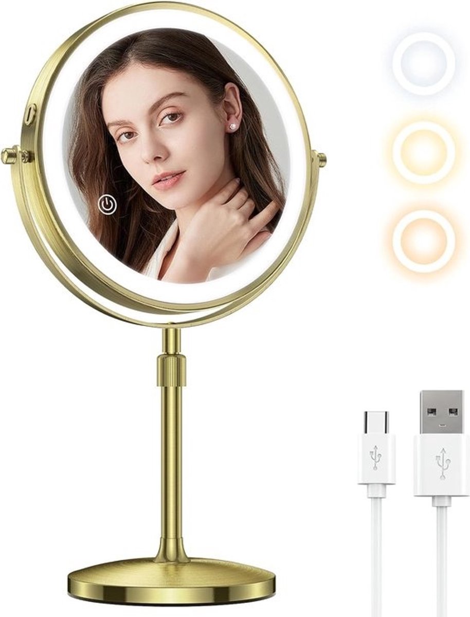 8 Inch Make-up Spiegel met Verlichting - Oplaadbare Dubbelzijdige Vergrotende Spiegel 1X 10X - Hoogte Verstelbare Make-upspiegel met 3 Kleurige Verlichting en Aanraaksensor