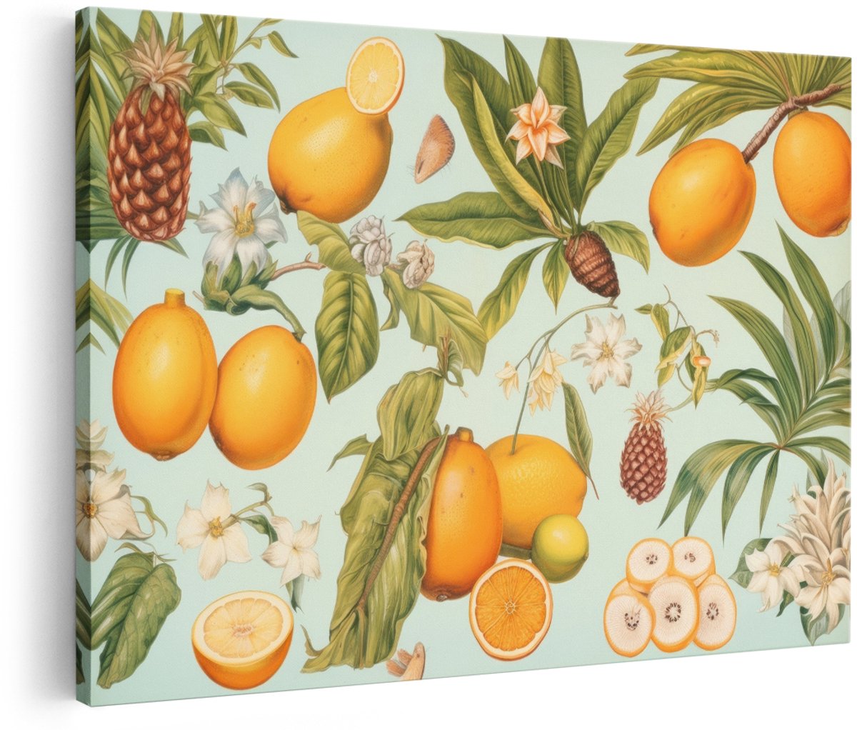 Artaza Canvas Schilderij Tropische Vruchten - 150x100 cm - Groot - Wanddecoratie Ananas - Muurdecoratie Bloemen - Vintage Botanische Decoratie