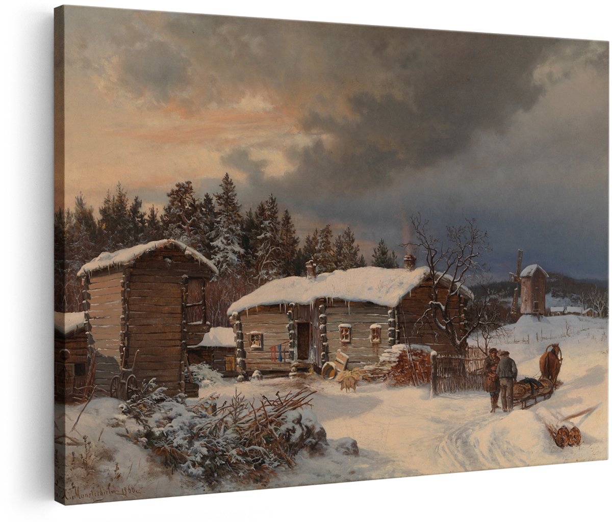 Artaza Canvas Schilderij Winterlandschap - 150x100 cm - Groot - Wanddecoratie Houten Huisjes - Muurdecoratie Paard En Slee - Decoratie Klassiek Schilderij
