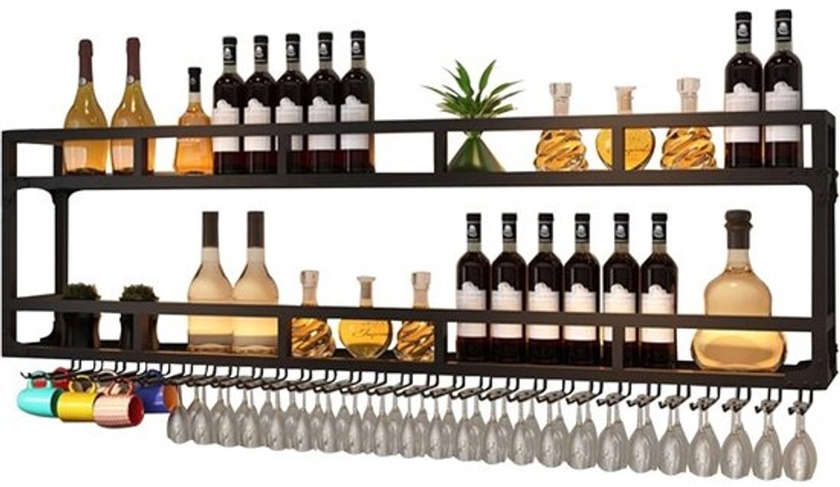 Wijnrek Wandmontage - Drijvende Barplanken - Drankflessen Presenteren - Geïntegreerd LED Licht - Zwart