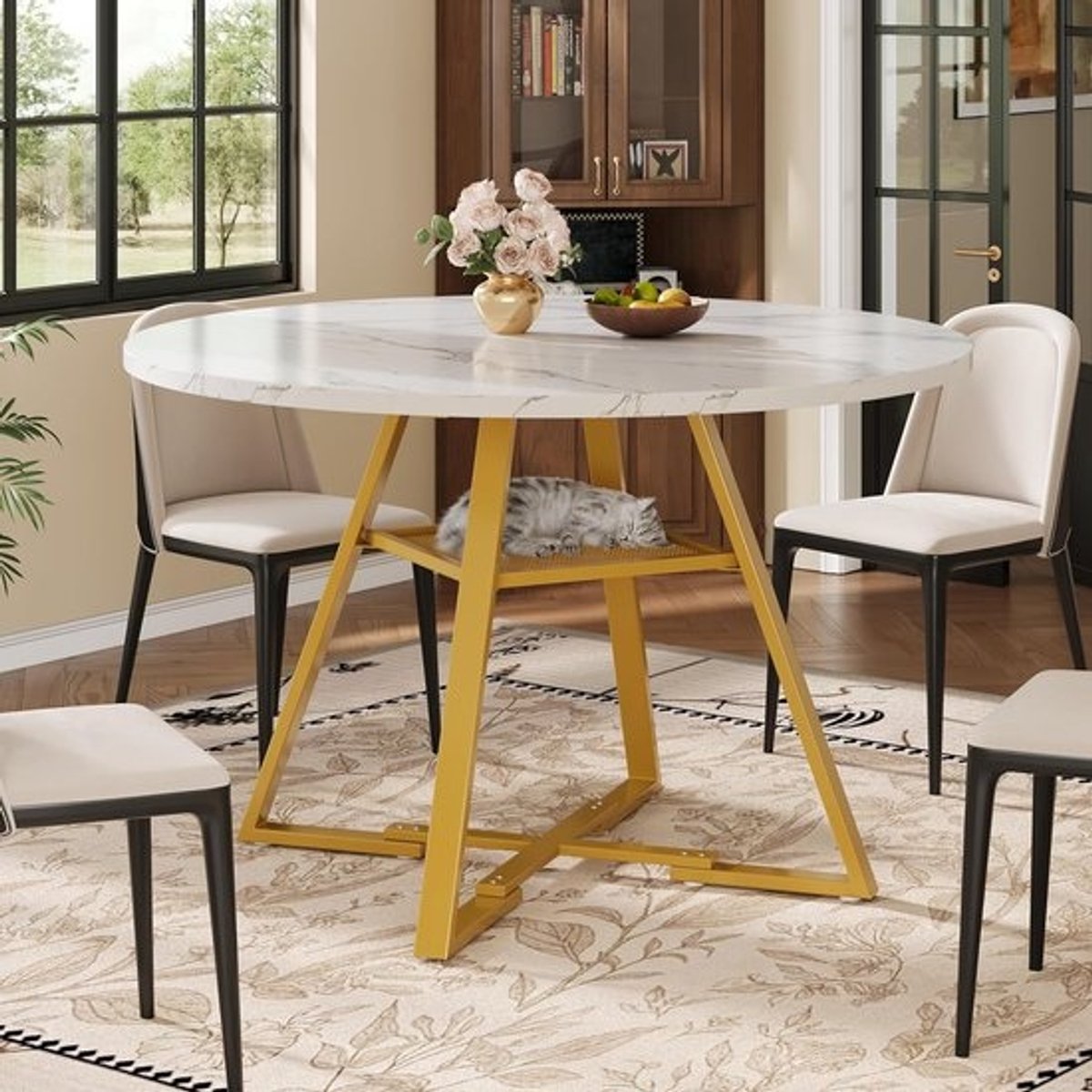 Ronde Eettafel - Keukentafel Marmerlook - Gezellig Tafelen - Geïntegreerd Opbergrek - 120 cm Diameter - Zwart Wit