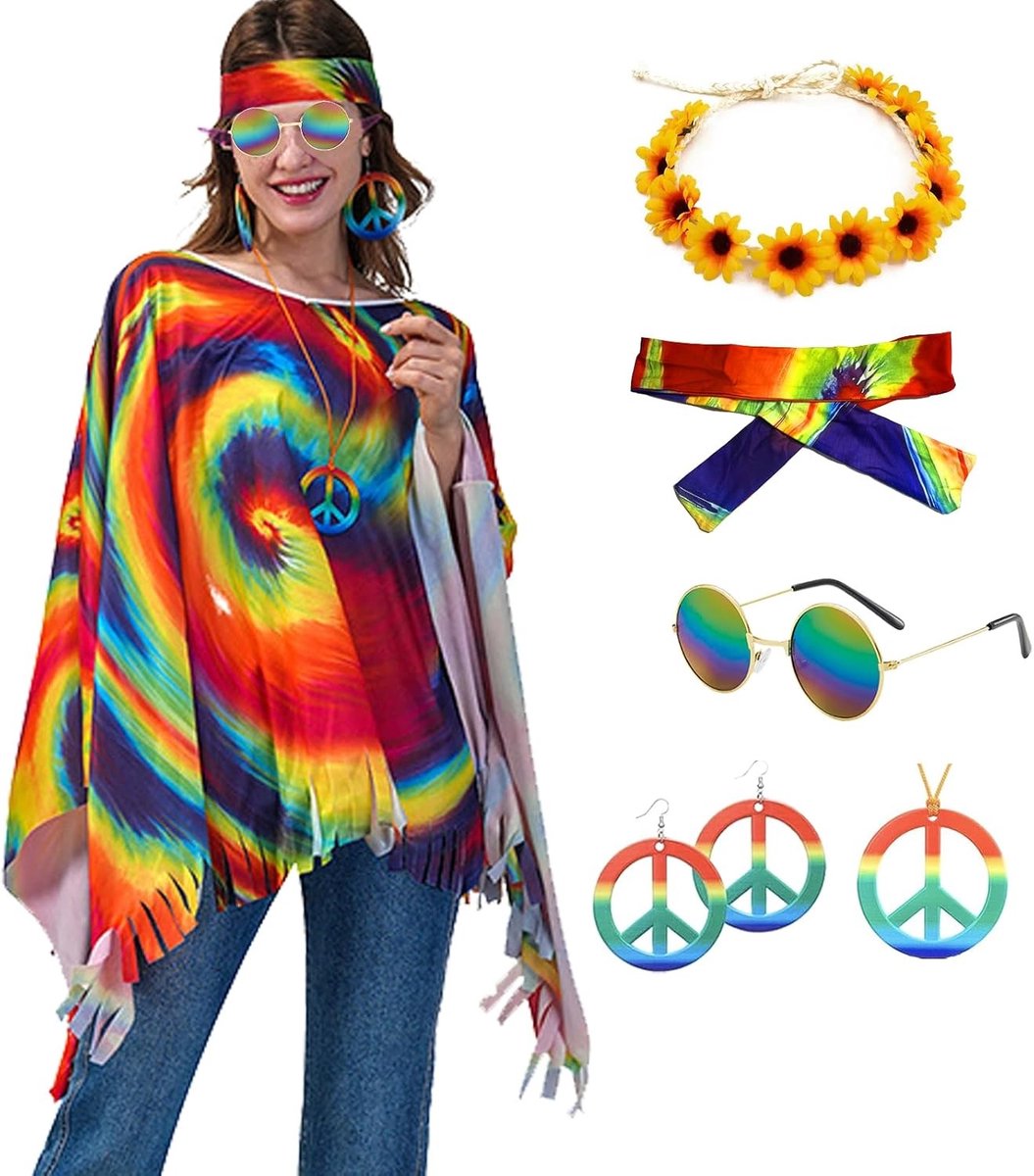 Retro Poncho met Tie Dye en Bloemen voor Vrouwen - Hippie Disco Kostuum, Haarband en Carnaval Outfit voor Volwassenen