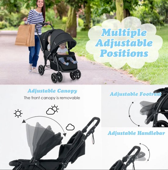 Dubbele Kinderwagen - Tandem Buggy voor 2 Kinderen - Verstelbare Rugleuning & Voetensteun - Opvouwbaar - 5-Puntsgordel - Zwart — afbeelding 3