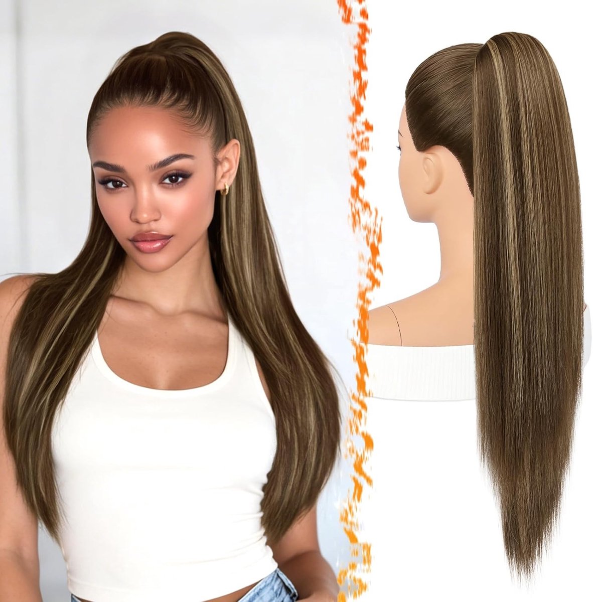 Natuurlijke Lange Ponytail Extensions van 55 cm - Stevige Recht Haarstuk voor Cheerleading en Dagelijks Gebruik - Bruin met Blonde Accenten