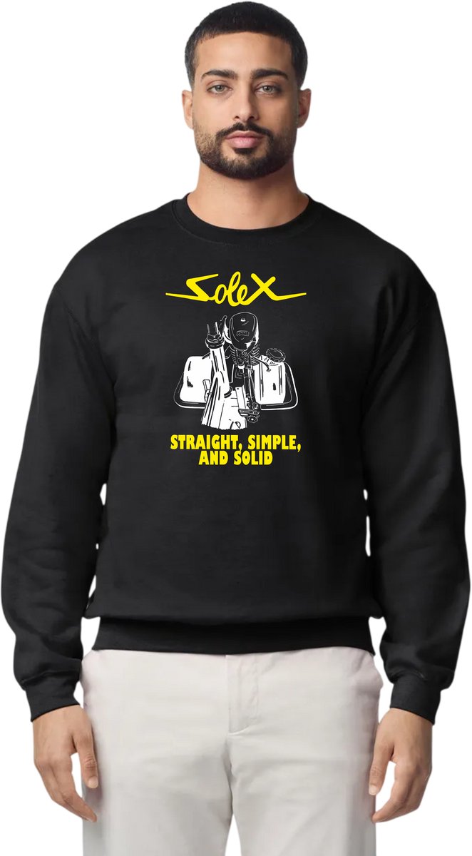 Sweater zwart met opdruk Solex straight simple and solid maat S van Shirtmakelaar