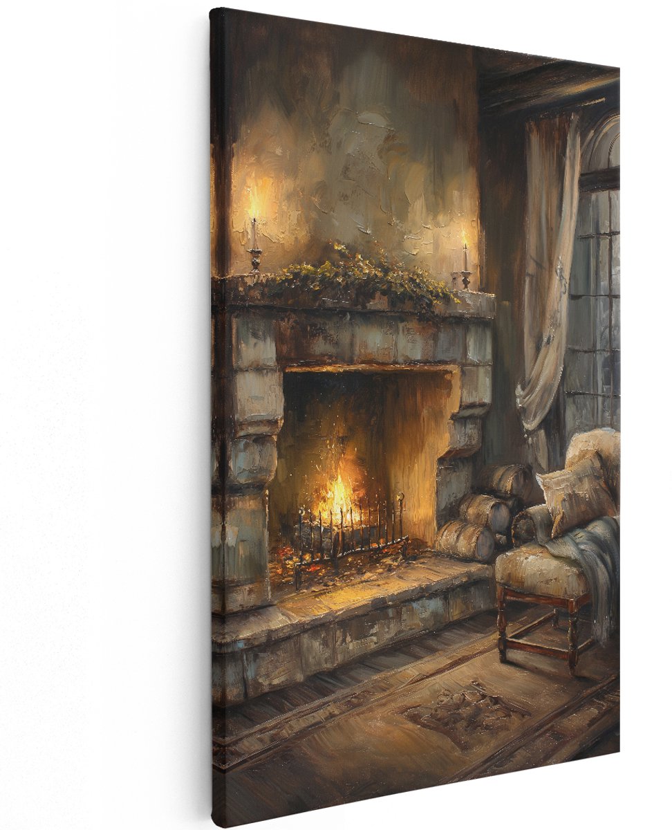 Artaza Canvas Schilderij Open Haard - 120x180 cm - Groot - Wanddecoratie Woonkamer - Muurdecoratie Vintage - Decoratie Fauteuil Sfeer
