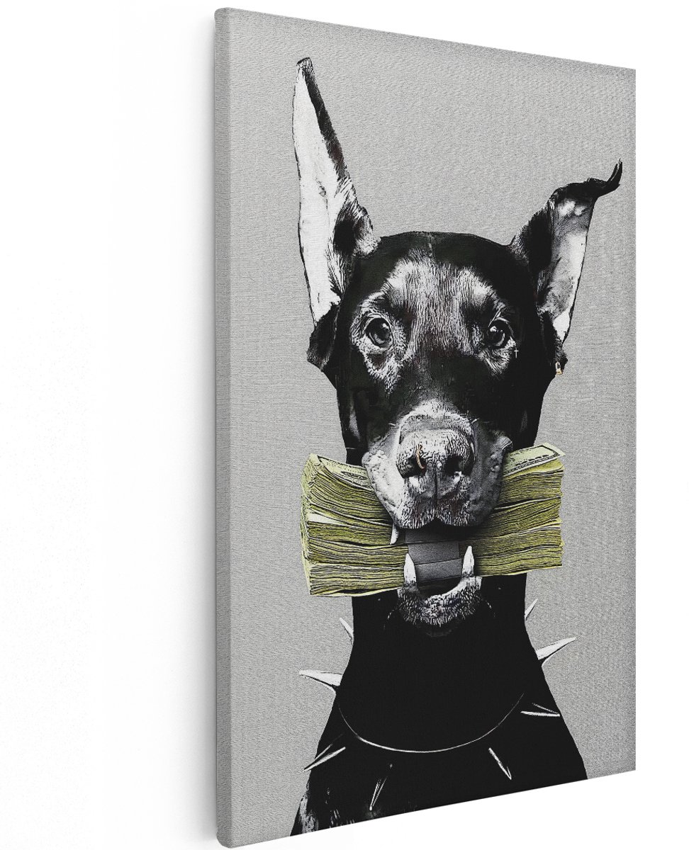 Artaza Canvas Schilderij Doberman Hond - 120x180 cm - Groot - Wanddecoratie Dieren - Muurdecoratie Zwart Wit - Decoratie Dollar Schilderij